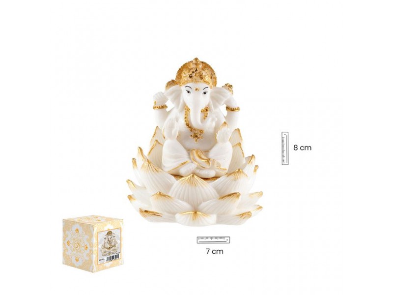 Ganesha Blanco/Dorado 8 cm Sobre Flor