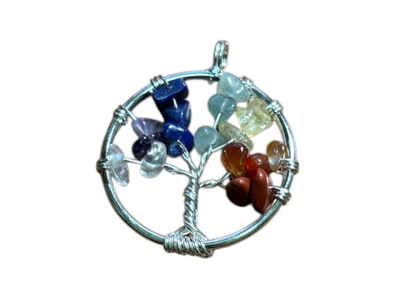 COLGANTE DE ACERO  ÁRBOL DE LA VIDA CON MINERALES SIETE CHACRAS 2 TAMAÑOS
